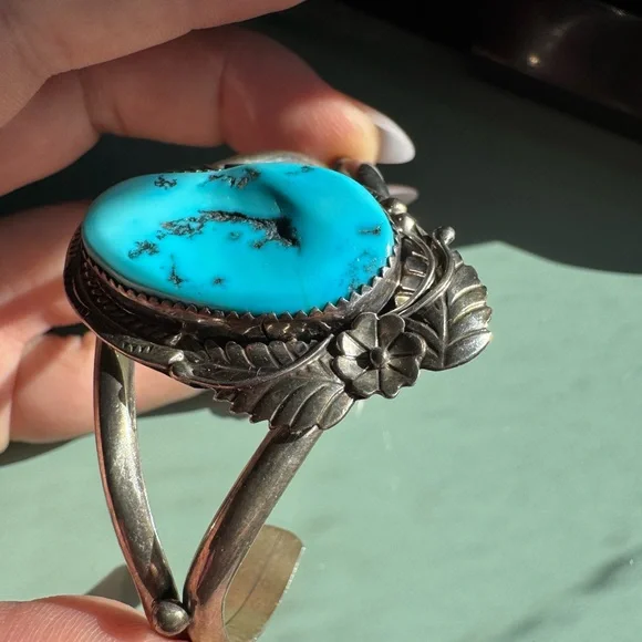 Vintage Navajo Signed MB Sterling Silver and Turquoise cuff Bracelet
